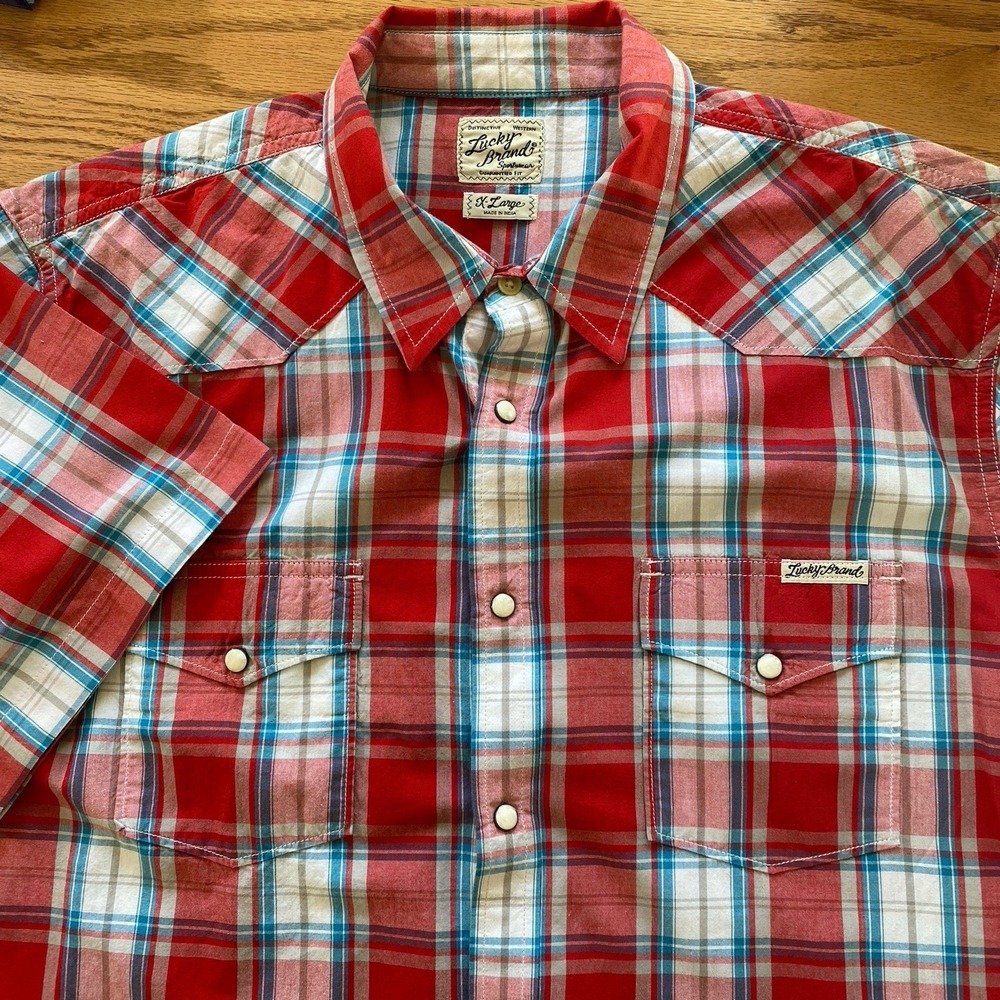 Lucky Brand Pearl Snap Mens XL Button Down Short Sleeve Red Blue Plaid Pockets